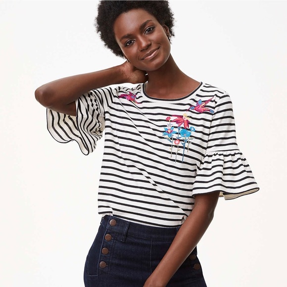 LOFT Tops - NWT LOFT Striped Bell Sleeve Top with Birds